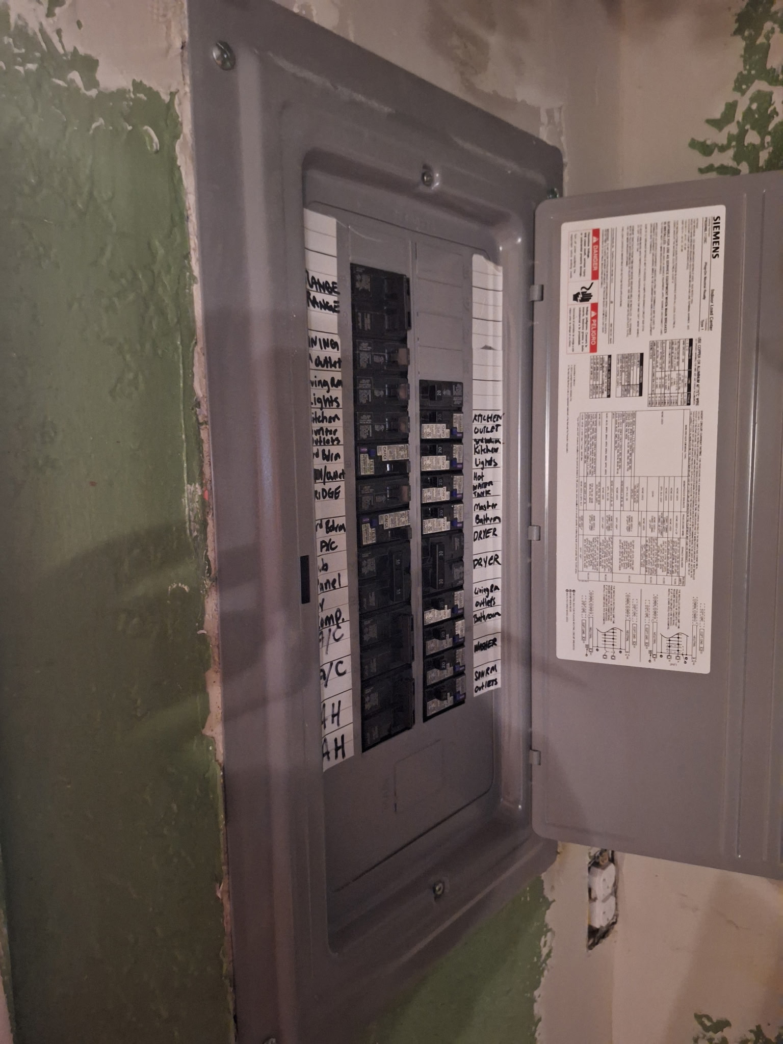Labeled Siemens residential panel